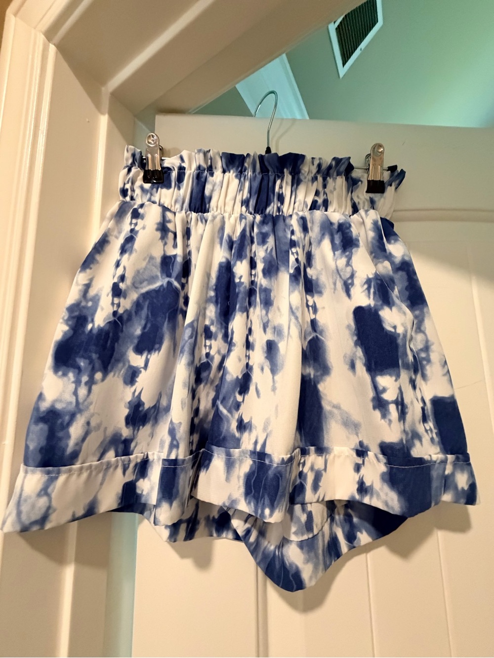 Tyche Blue and White Tie-Dye Paperbag Waist High-Rise Shorts